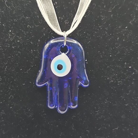 Handmade Custom Midnight Guardian hamsa evil eye white ribbon necklace - Picture 3 of 6